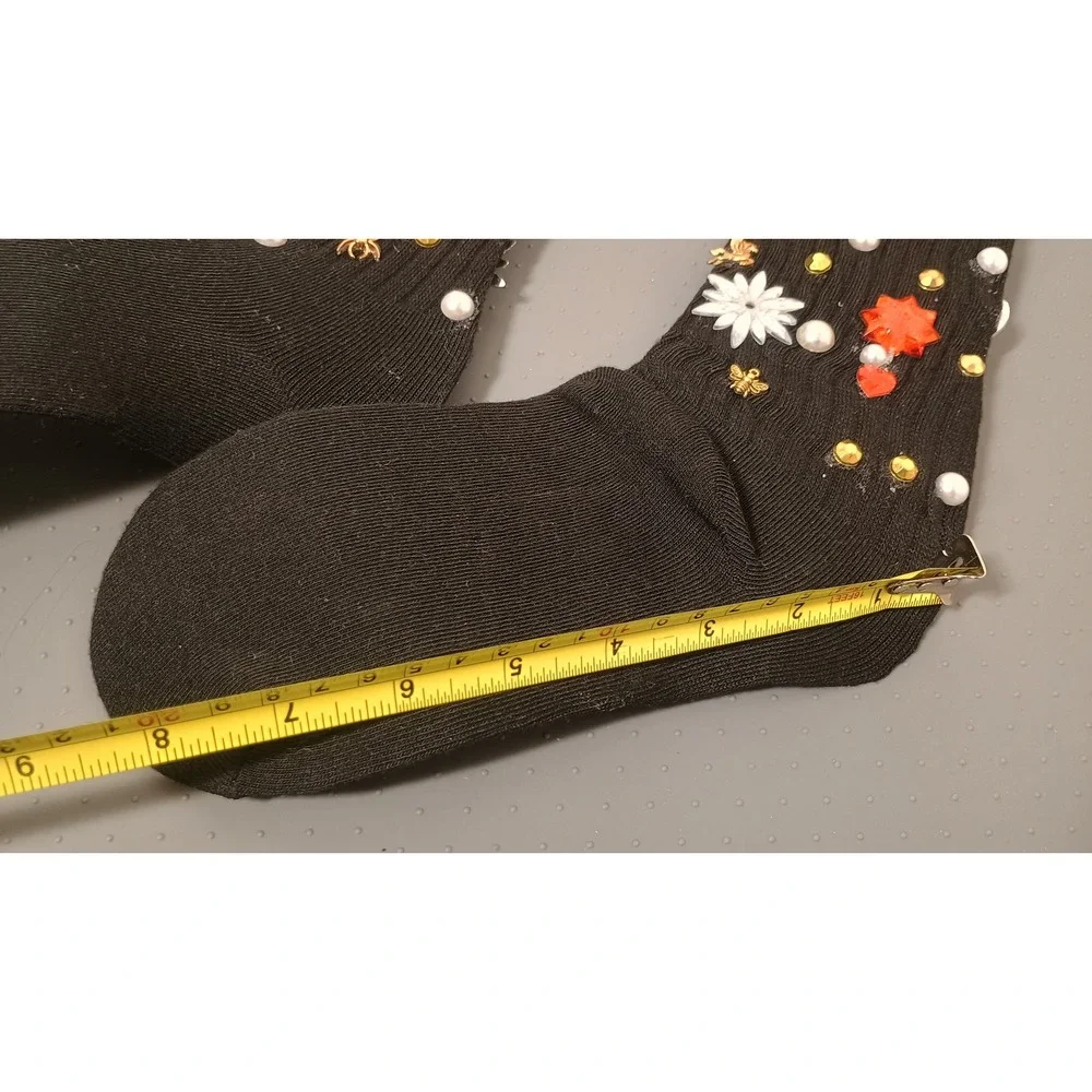 Embellished Crew Socks Womens OS Black Good DIY Kitsch Maximalist